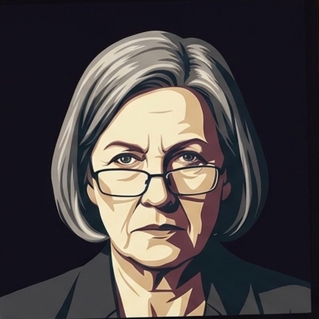 Retrato ilustrado de Bernadeth, secretária-chefe veterana, grisalha de óculos e blazer, com olhar severo de quem manda no escritório